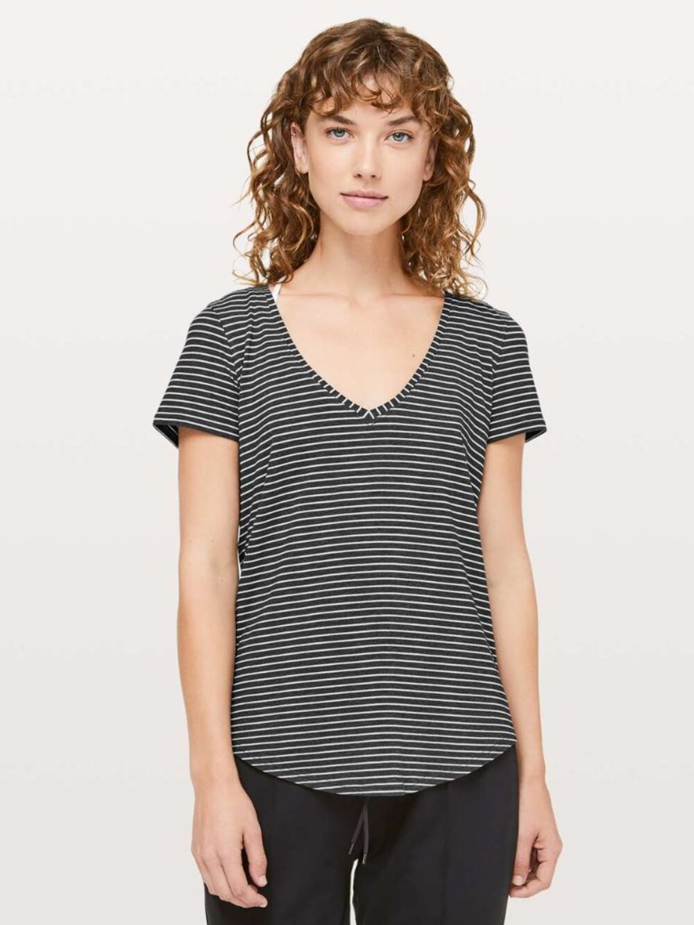 Lululemon Love V Neck Tee Shirt - Modern Stripe Heathered Black White - 6 - EUC